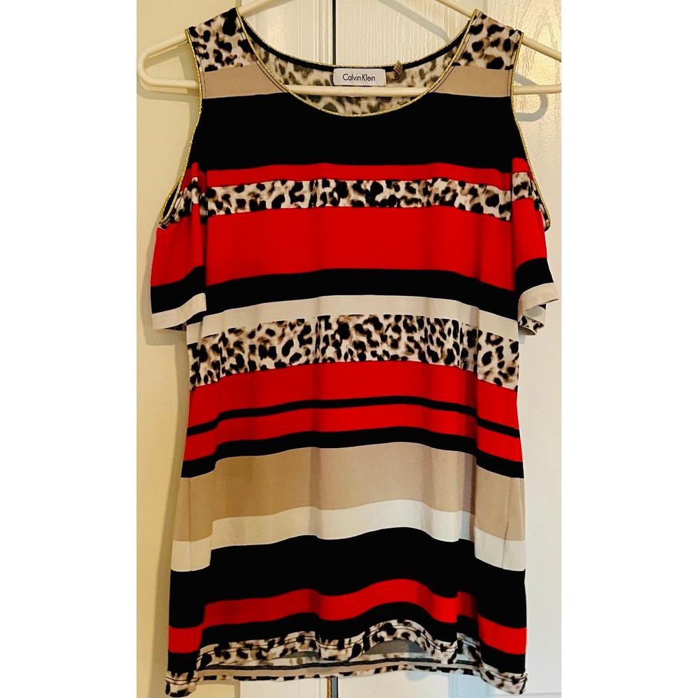 Calvin Klein Cold Shoulder Top Leopard Stripe Gold Trim Red‎ Black Small